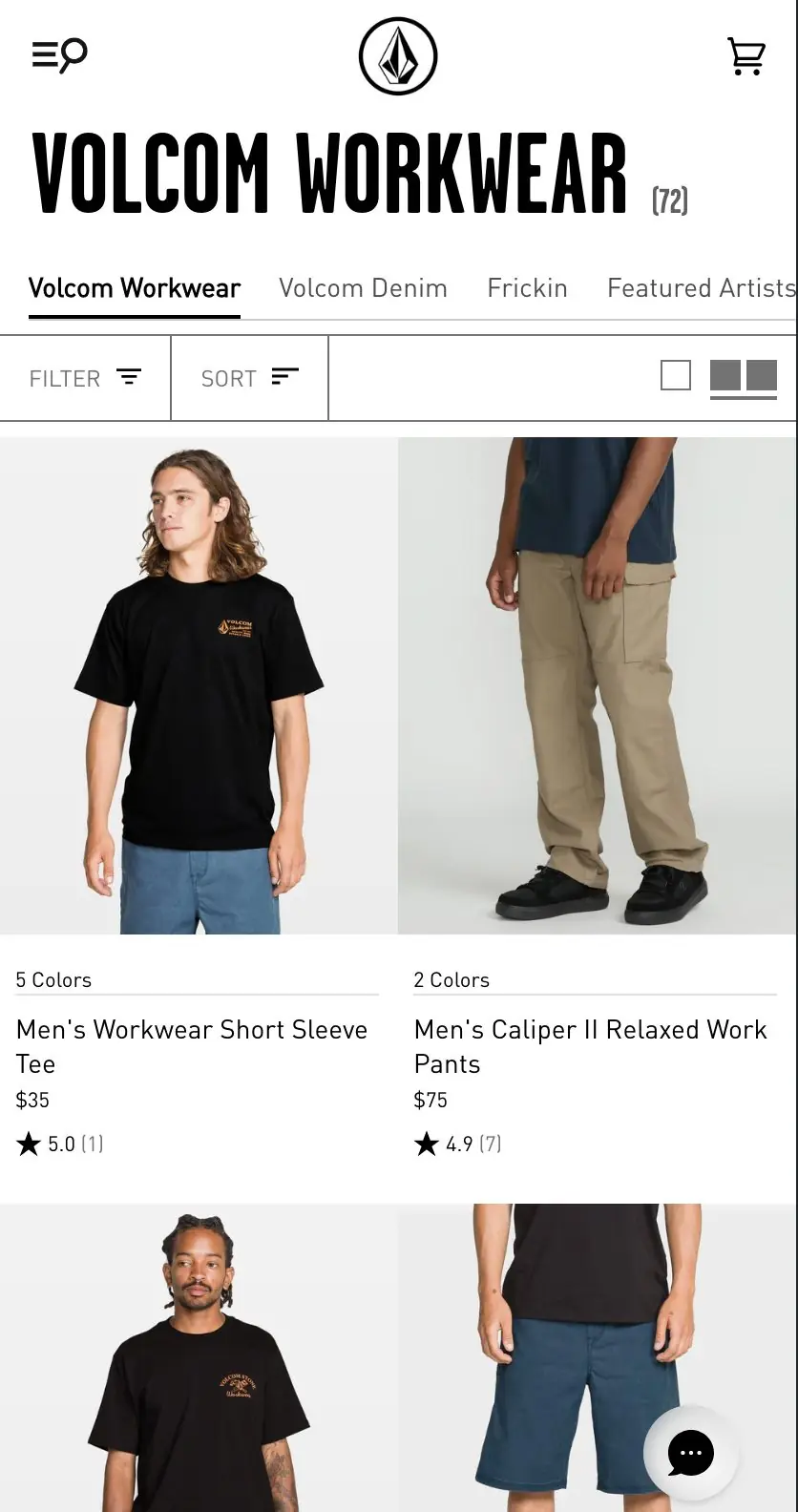 Volcom: Mobile collection page with filter and sort