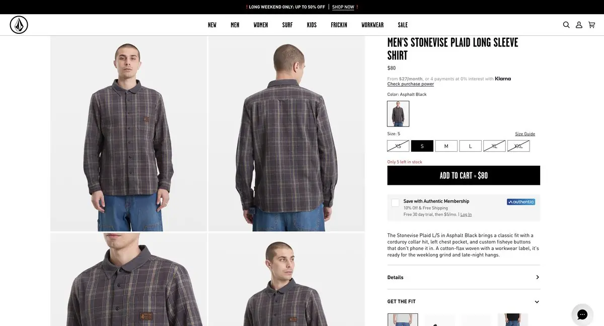Volcom: Product page with image grid and size selector